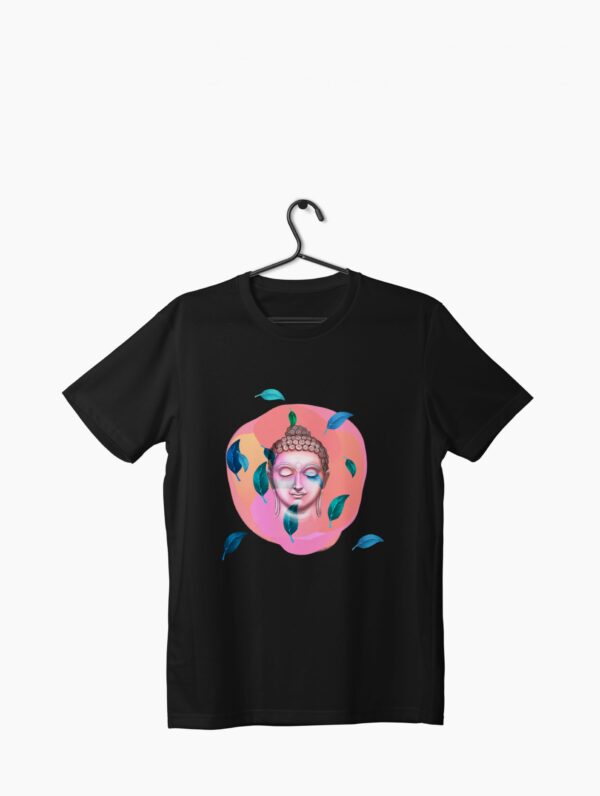 black t-shirt with feather falling around a buddha head