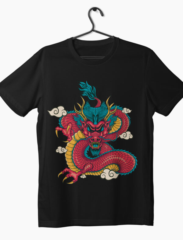 red dragon illustration on black t-shirt by custom t house