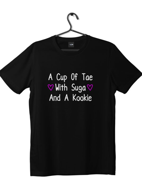 BTS black t-shirt with typography a cup of tae & suga and kookie