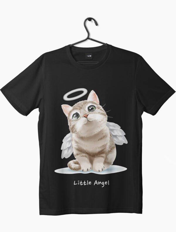 cute little angel cat graphic printed crew neck black t-shirt