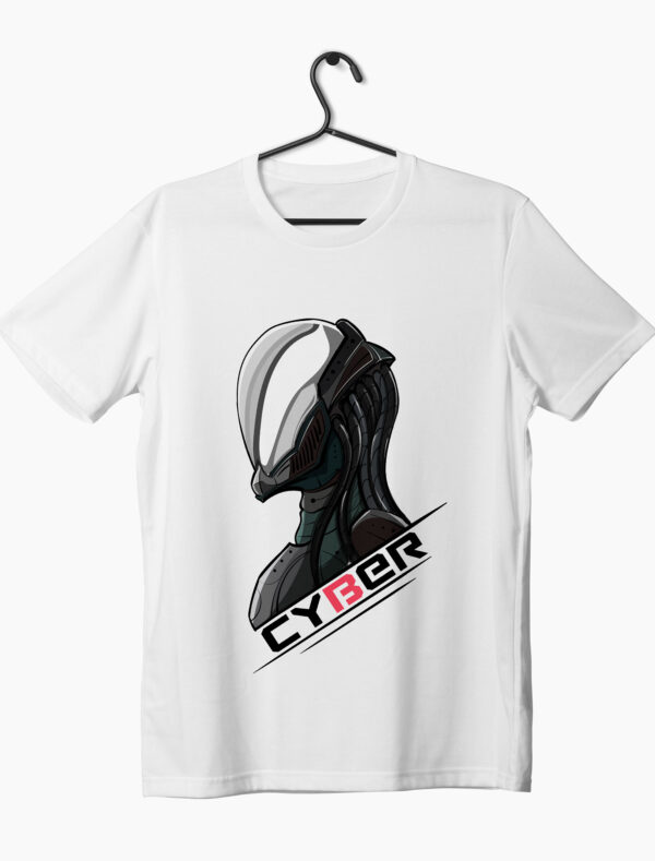 a cyborg head design on a white color t-shirt