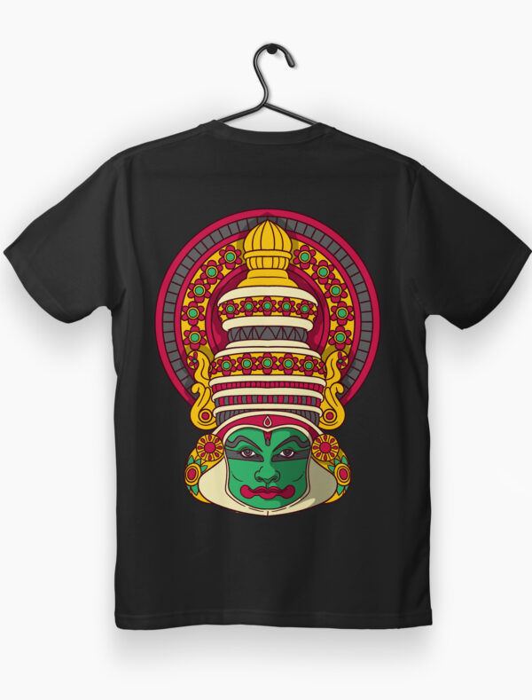 traditional Kathakali face printed on a black t-shirt