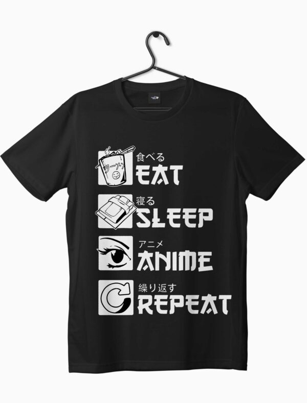 black t-shirt featuring eat sleep anime repeat graphic print