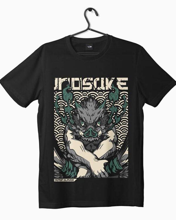 Demon slayer inosuke graphic printed black t-shirt hanging