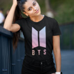 cute women wearing bts light pink logo t shirt