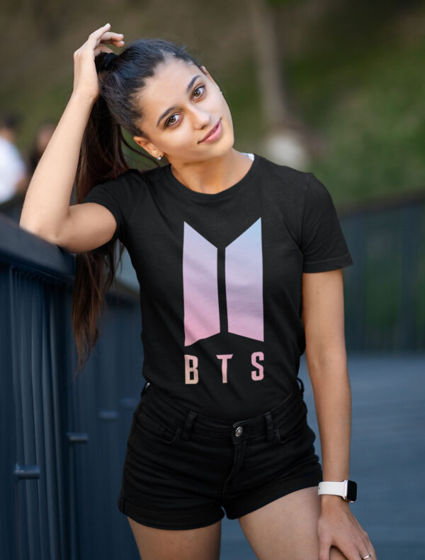 cute women wearing bts light pink logo t shirt