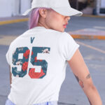 women wearing bts white tshirt with number printed at back