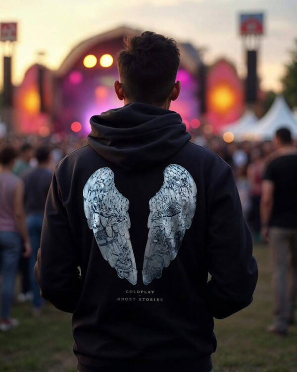 Coldplay concert hoodie featuring an angel wing graphic, perfect for music festivals and live shows. Made from 100% cotton with a unisex fit for comfort and style.